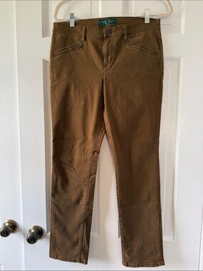 RALPH LAUREN BROWN JEANS PANTS SIZE 8 PETITE 8P TAPERED COTTON EQUESTRIAN FALL